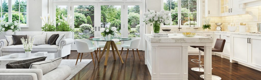 Dark wood flooring installed in an open plan kitchen
