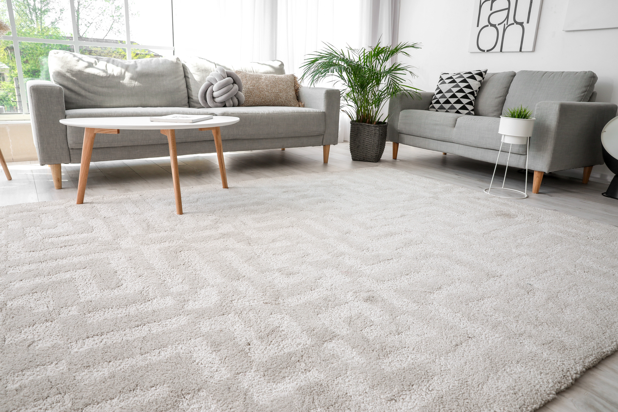 Pale wood flooring with luxurious pale grey rug by GFC Flooring